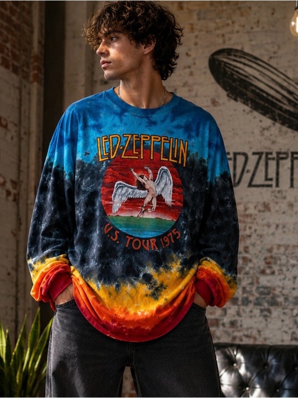 Led Zeppelin 1975 US Tour Tie Dye Long Sleeve Band Tee Shirt 2XL Cotton Retro